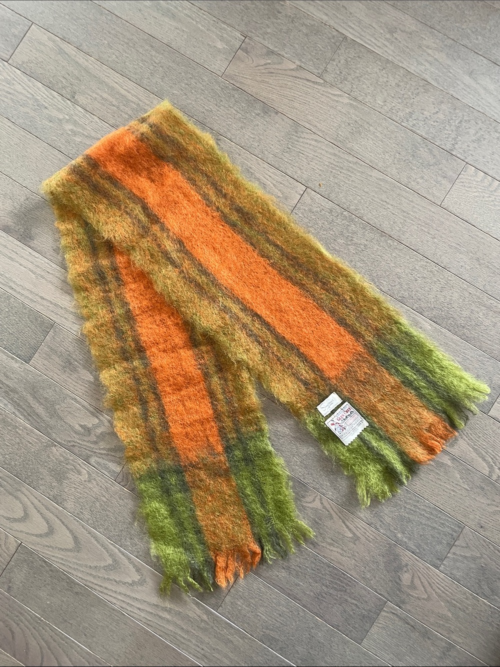 VTG Glen Cree Galloway Mohair Fringed Scarf Green Orange Made in Scotland